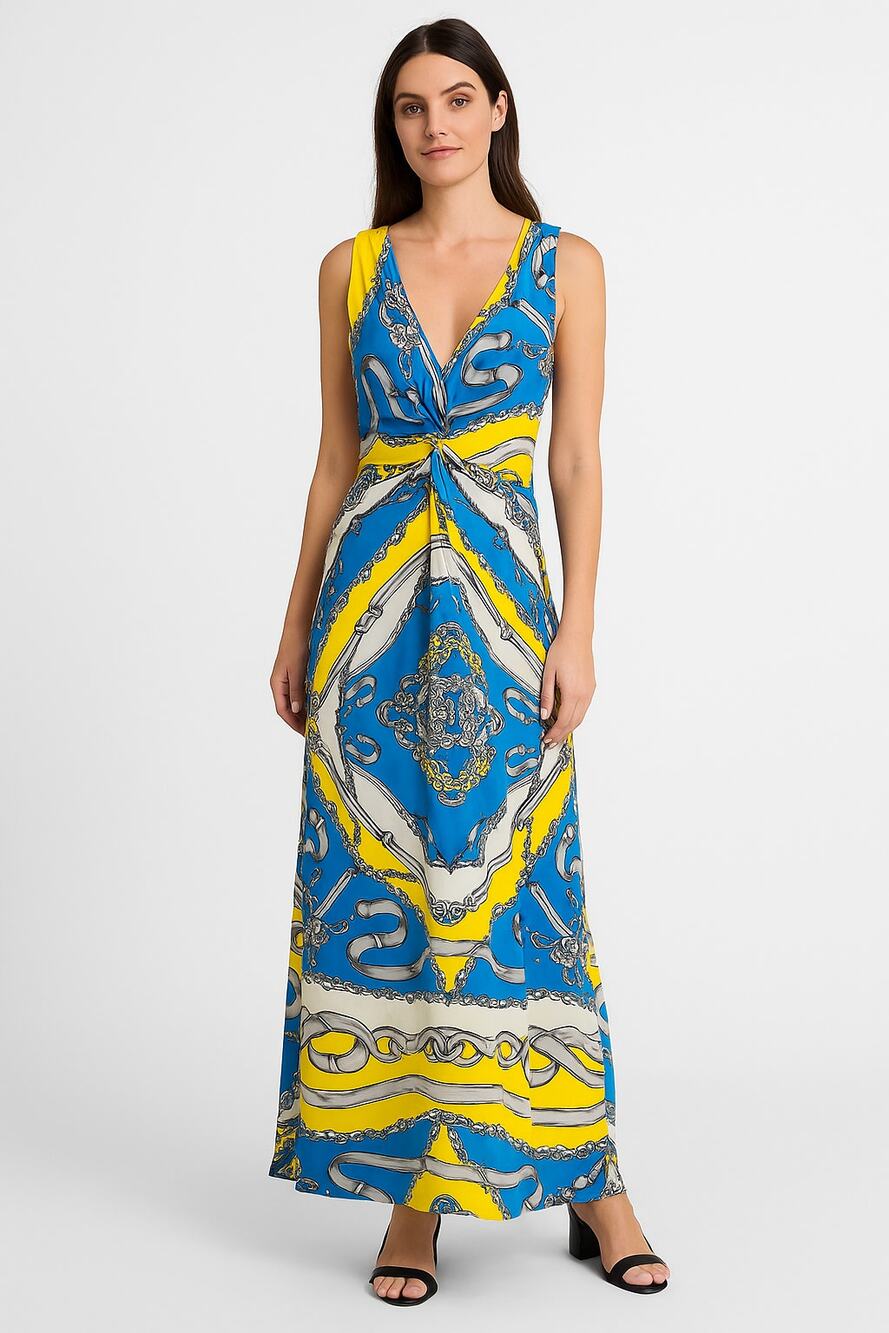 HALE BOB Womens Long Maxi Dress Racerback Silk V-neck Colorful vacation Sz M